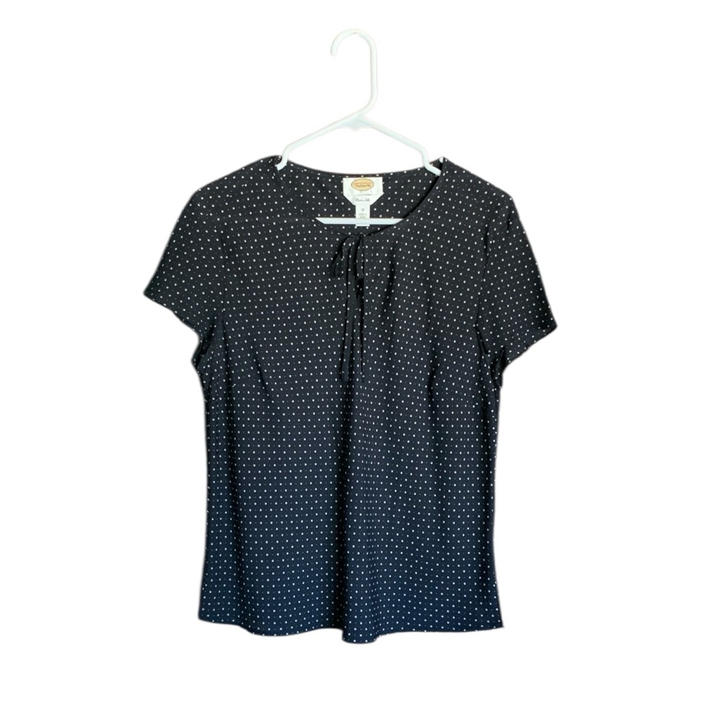 Talbots 100% pure silk blouse short sleeve top black with polka dots size 10